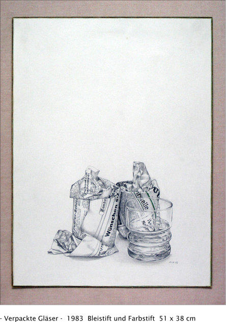 - Verpackte Gläser -  1983  Bleistift und Farbstift  51 x 38 cm