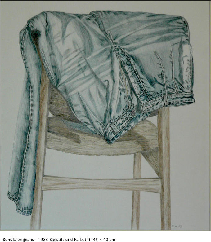 - Bundfaltenjeans - 1983 Bleistift und Farbstift  45 x 40 cm