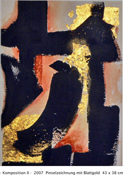 - Komposition II -  2007  Pinselzeichnung mit Blattgold  43 x 38 cm