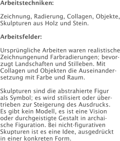 Arbeitstechniken:  Zeichnung, Radierung, Collagen, Objekte, Skulpturen aus Holz und Stein.  Arbeitsfelder:  Ursprüngliche Arbeiten waren realistische Zeichnungenund Farbradierungen; bevor-zugt Landschaften und Stilleben. Mit Collagen und Objekten die Auseinander-setzung mit Farbe und Raum.  Skulpturen sind die abstrahierte Figur als Symbol; es wird stilisiert oder über- trieben zur Steigerung des Ausdrucks. Es gibt kein Modell, es ist eine Vision oder durchgeistigte Gestalt in archai- sche Figuration. Bei nicht-figurativen Skupturen ist es eine Idee, ausgedrückt  in einer konkreten Form.