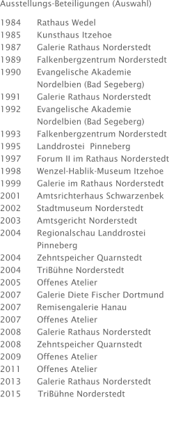 Ausstellungs-Beteiligungen (Auswahl)  1984      Rathaus Wedel 1985      Kunsthaus Itzehoe 1987      Galerie Rathaus Norderstedt 1989      Falkenbergzentrum Norderstedt 1990      Evangelische Akademie               Nordelbien (Bad Segeberg) 1991      Galerie Rathaus Norderstedt 1992      Evangelische Akademie               Nordelbien (Bad Segeberg) 1993      Falkenbergzentrum Norderstedt 1995      Landdrostei  Pinneberg 1997      Forum II im Rathaus Norderstedt 1998      Wenzel-Hablik-Museum Itzehoe 1999      Galerie im Rathaus Norderstedt 2001      Amtsrichterhaus Schwarzenbek 2002      Stadtmuseum Norderstedt 2003      Amtsgericht Norderstedt 2004      Regionalschau Landdrostei               Pinneberg 2004      Zehntspeicher Quarnstedt 2004      TriBühne Norderstedt       2005      Offenes Atelier  2007	    Galerie Diete Fischer Dortmund 2007      Remisengalerie Hanau 2007      Offenes Atelier  2008      Galerie Rathaus Norderstedt 2008      Zehntspeicher Quarnstedt 2009      Offenes Atelier  2011	    Offenes Atelier  2013      Galerie Rathaus Norderstedt 2015 	TriBühne Norderstedt